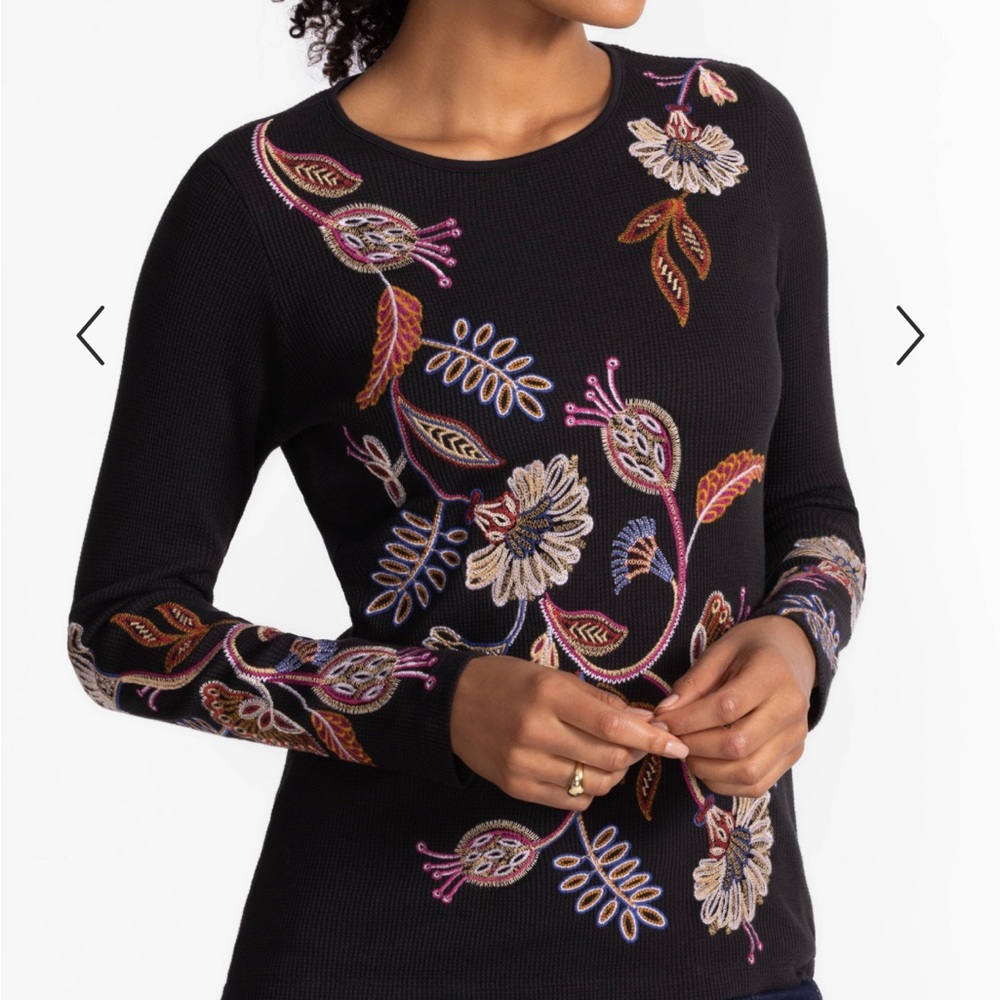 Johnny Was Black Floral Embroidered Long Sleeve Top